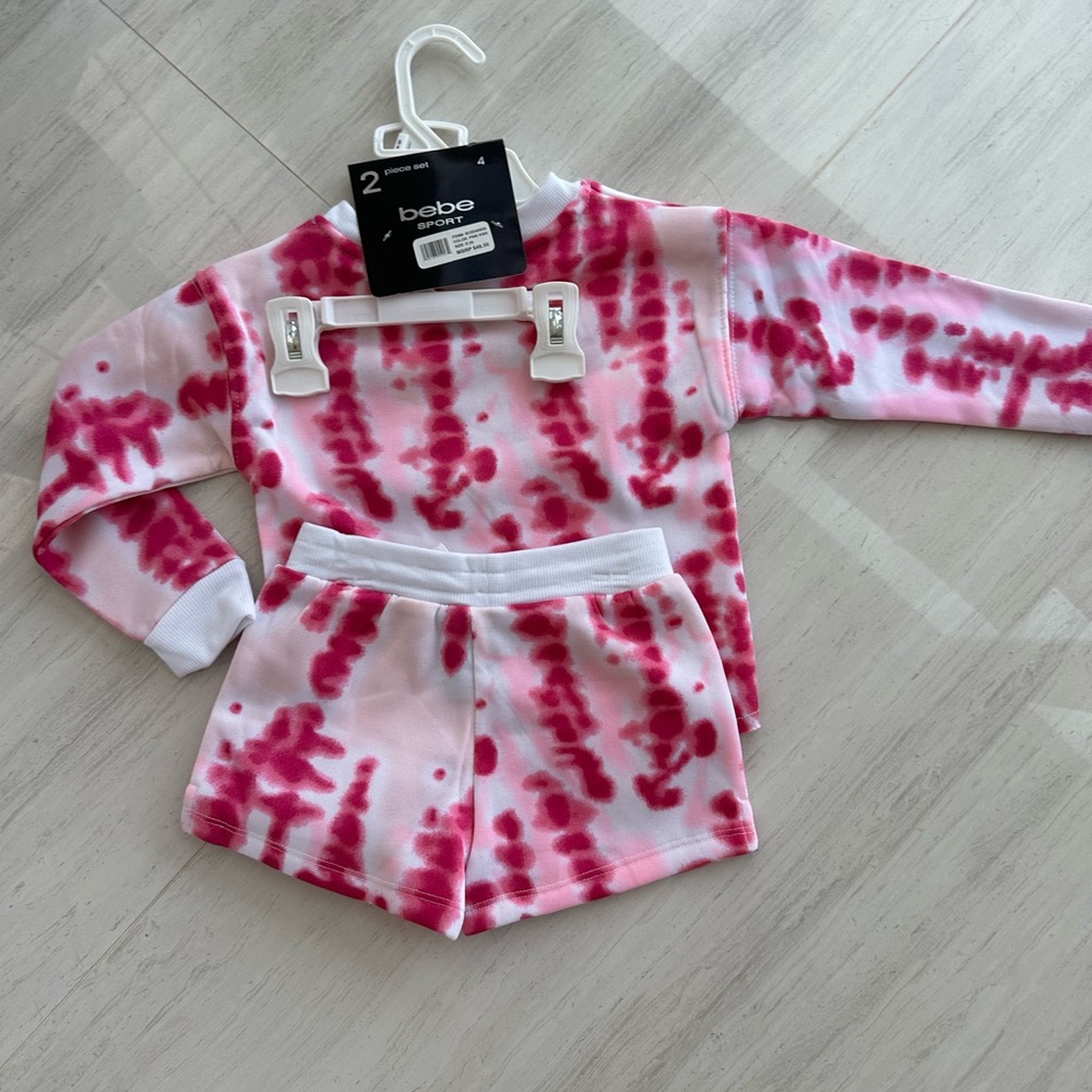 NWT BEBE SPORT GIRLS pink tie dye Sweatshirt and shorts, 2 piece set. Size 4 - Picture 6 of 8